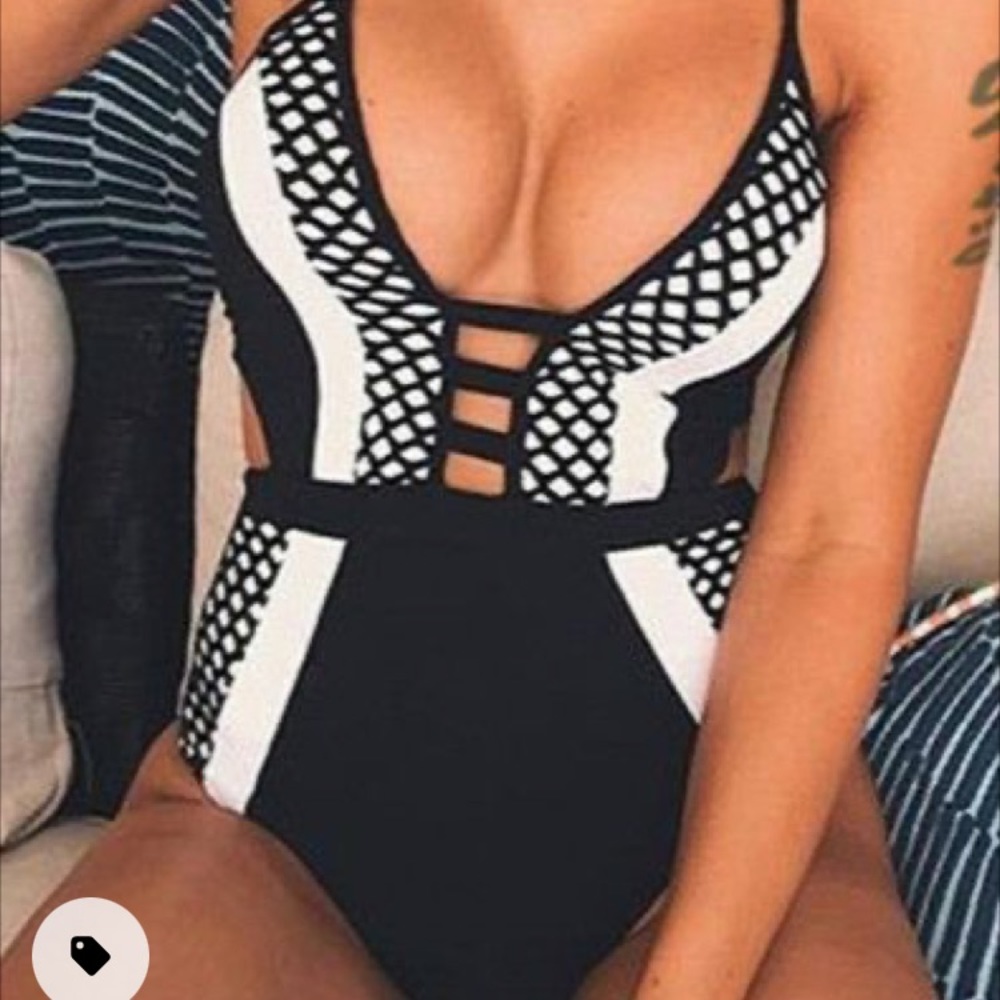 Sexy one piece cut out swim suit in black & white